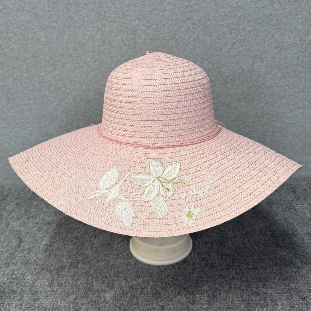 VTG Hat Sun Womens Pink‎ Straw Wide Brim Embroidered Flowers Summer Travel Derby